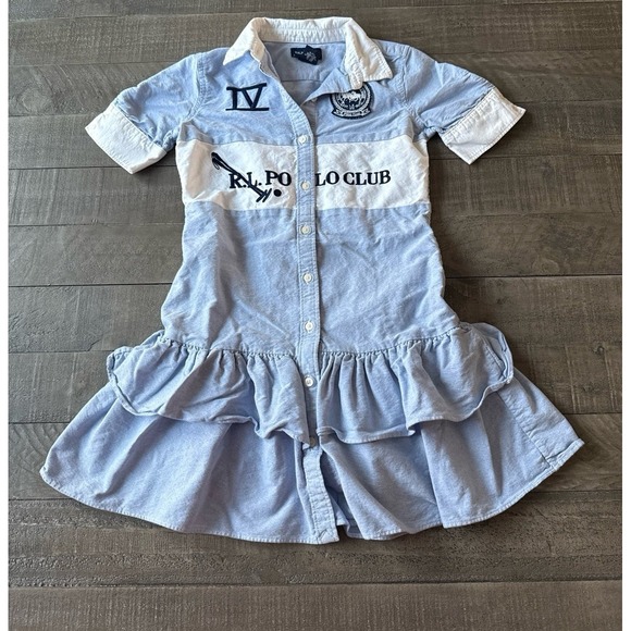 Ralph Lauren Other - Ralph Lauren Polo Girls Blue White collared shift dress ruffled hem size 10
